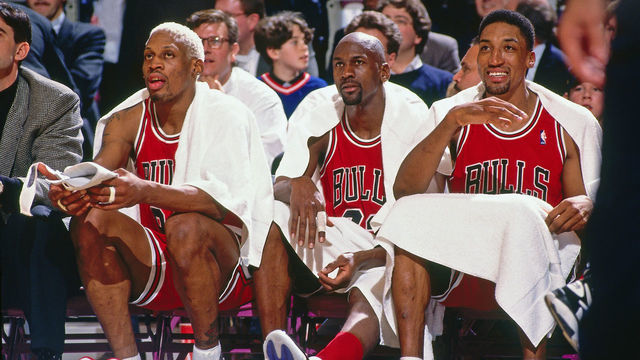 NEW YORK CITY - JANUARY 23: Dennis Rodman #91, Michael Jordan #23 and Scottie Pippen #33 of the Chicago Bulls looks on against the New York Knicks on January 23, 1996 at Madison Square Garden in New York City. Mandatory Copyright Notice: Copyright 1996 NBAE