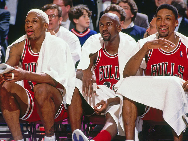 NEW YORK CITY - JANUARY 23: Dennis Rodman #91, Michael Jordan #23 and Scottie Pippen #33 of the Chicago Bulls looks on against the New York Knicks on January 23, 1996 at Madison Square Garden in New York City. Mandatory Copyright Notice: Copyright 1996 NBAE