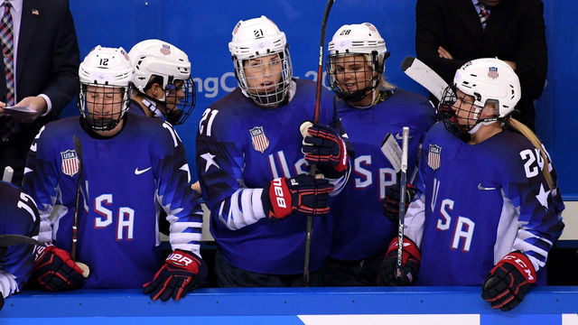 GANGNEUNG, SOUTH KOREA - FEBRUARY 22: Hilary Knight #21 of the United States looks on from the bench after scoring a goal against Canada in the first period during the Women's Gold Medal Game on day thirteen of the PyeongChang 2018 Winter Olympic Games at Gangneung Hockey Centre on February 22, 2018 in Gangneung, South Korea.