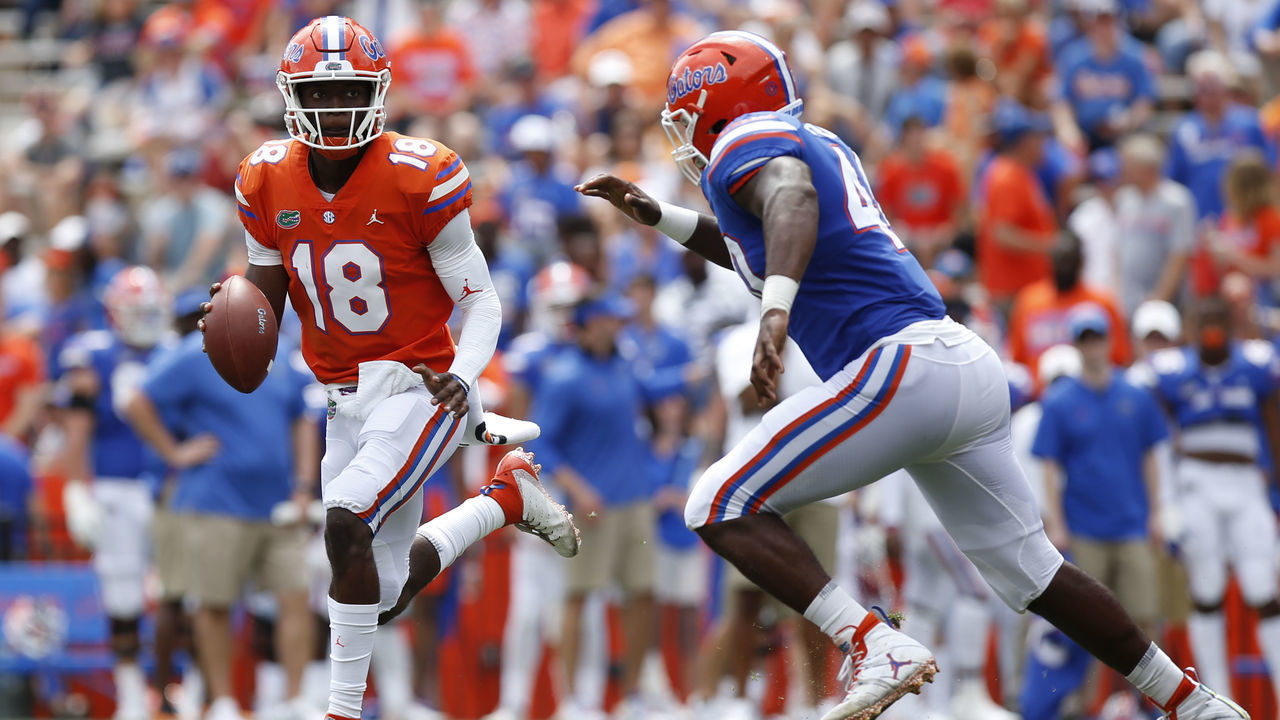 GAINESVILLE, FL - APRIL 13: Florida Gators quarterback Jalon Jones (18) scrambles during the Orange & Blue Game presented by Sunniland on April 13, 2019 at Ben Hill Griffin Stadium at Florida Field in Gainesville, Fl.