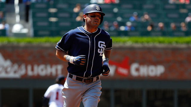 ATLANTA, GEORGIA - MAY 02: Ian Kinsler #3 of the San Diego Padres rounds third base after a solo homer in the third inning against the Atlanta Braves at SunTrust Park on May 02, 2019 in Atlanta, Georgia.
