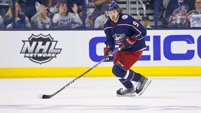 COLUMBUS, OH - APRIL 30: Artemi Panarin #9 of the Columbus Blue Jackets controls the puck while playing against the Boston Bruins in Game Three of the Eastern Conference Second Round during the 2019 NHL Stanley Cup Playoffs on April 30, 2019 at Nationwide Arena in Columbus, Ohio.