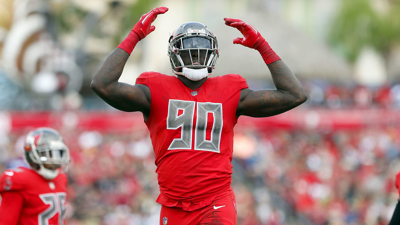 TAMPA, FL - DEC 09: Jason Pierre-Paul (90) of the Bucs attempts to get the crowd into it during the regular season game between the New Orleans Saints and the Tampa Bay Buccaneers on December 09, 2018 at Raymond James Stadium in Tampa, Florida.