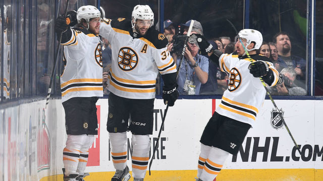 COLUMBUS, OH - MAY 2: David Pastrnak #88 of the Boston Bruins celebrates his first period goal with teammates Patrice Bergeron #37 and Brad Marchand #63 of the Boston Bruins in Game Four of the Eastern Conference Second Round against the Columbus Blue Jackets during the 2019 NHL Stanley Cup Playoffs on May 2, 2019 at Nationwide Arena in Columbus, Ohio.