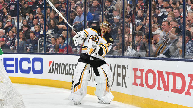COLUMBUS, OH - MAY 2: Goaltender Tuukka Rask #40 of the Boston Bruins clears the puck during the first period in Game Four of the Eastern Conference Second Round against the Columbus Blue Jackets during the 2019 NHL Stanley Cup Playoffs on May 2, 2019 at Nationwide Arena in Columbus, Ohio.