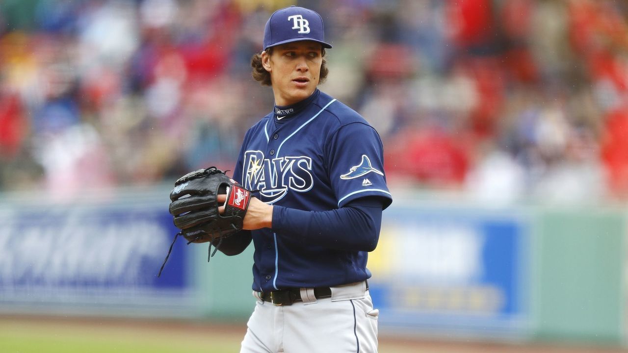 BOSTON, MASSACHUSETTS - APRIL 28: Starting pitcher Tyler Glasnow #20 of the Tampa Bay Rays pitches in the bottom of the first inning of the game against the Boston Red Sox at Fenway Park on April 28, 2019 in Boston, Massachusetts.