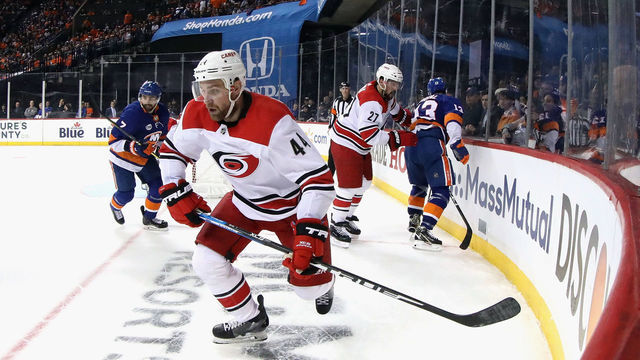 NEW YORK, NEW YORK - APRIL 28: Calvin de Haan #44 of the Carolina Hurricanes skates against the New York Islanders in Game Two of the Eastern Conference Second Round during the 2019 NHL Stanley Cup Playoffs at the Barclays Center on April 28, 2019 in the Brooklyn borough of New York City. The Hurricanes defeated the Islanders 2-1.