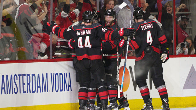 RALEIGH, NC - MAY 01: Carolina Hurricanes center Jordan Staal (11) reacts after a goal in the second period during a game between the Carolina Hurricanes and the New York Islanders on May 1, 2019 at the PNC Arena in Raleigh, NC.