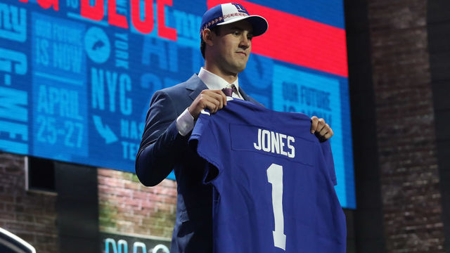 NASHVILLE, TN - APRIL 25: Duke quarterback Daniel Jones is selected with the 6th pick by the New York Giants during the first round of the 2019 NFL Draft on April 25, 2019, at the Draft Main Stage on Lower Broadway in downtown Nashville, TN.