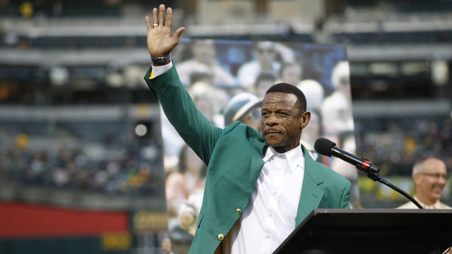 OAKLAND, CA - SEPTEMBER 5: Rickey Henderson addresses the crowd during a pregame ceremony introducing the first members of the Oakland Athletics Hall of Fame prior to the game between the Athletics and the New York Yankees on September 5, 2018 in Oakland, California. The Athletics defeated the Yankees 8-2.