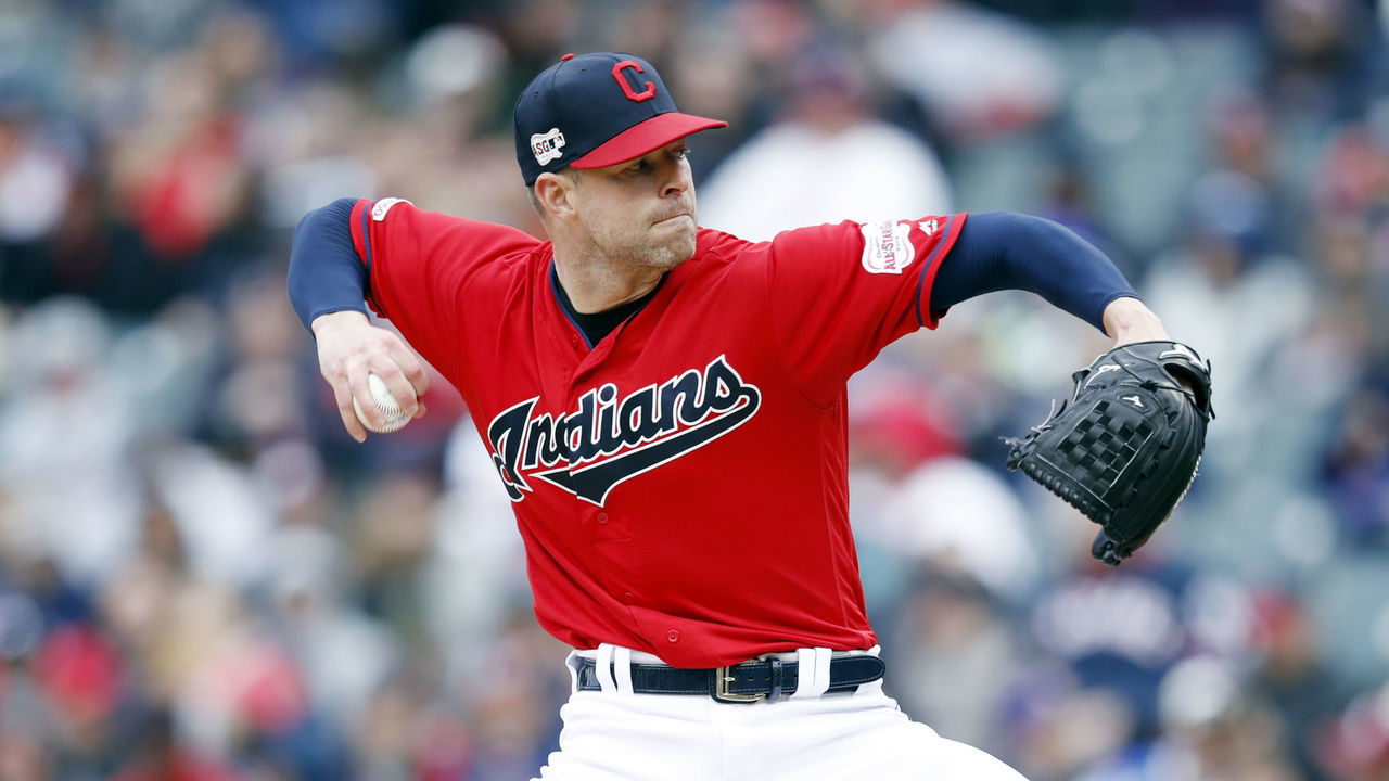 CLEVELAND, OH - APRIL 20: Corey Kluber #28 of the Cleveland Indians pitches during game one of a doubleheader against the Atlanta Braves at Progressive Field on April 20, 2019 in Cleveland, Ohio.