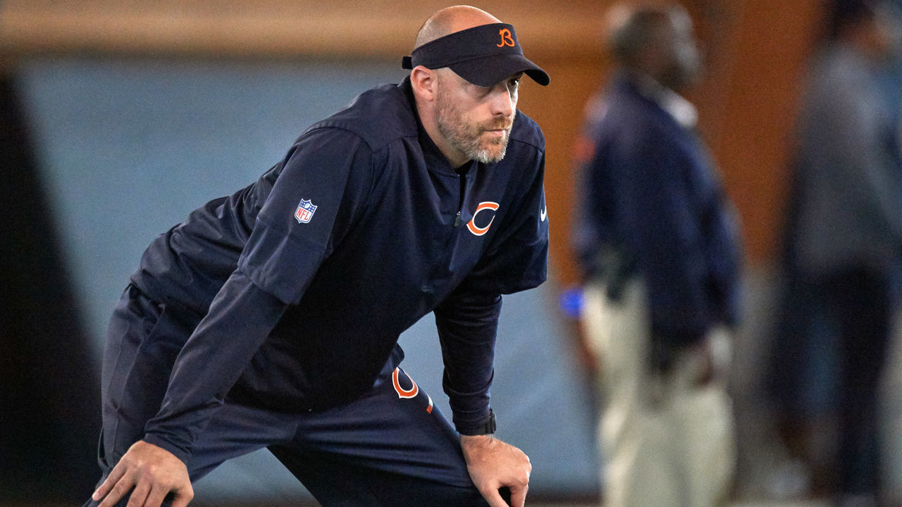 LAKE FOREST, IL - MAY 11: Chicago Bears head coach Matt Nagy looks on during the Bears Rookie Minicamp on May 11, 2018 at Halas Hall, in Lake Forest, IL.