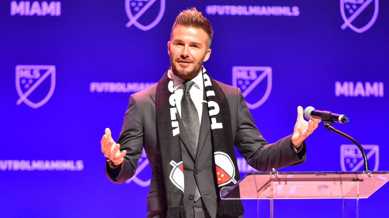 MIAMI, FL - JANUARY 29: David Beckham addresses the crowd during the press conference announcing an MLS franchise in Miami at the Knight Concert Hall on January 29, 2018 in Miami, Florida.