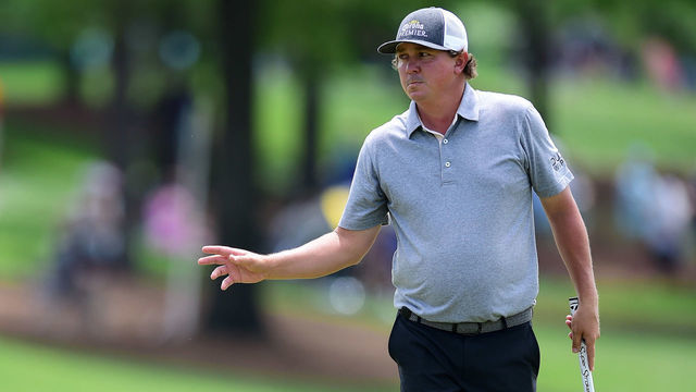 CHARLOTTE, NORTH CAROLINA - MAY 03: Jason Dufner reacts following his par putt on the 18th green during the second round of the 2019 Wells Fargo Championship at Quail Hollow Club on May 03, 2019 in Charlotte, North Carolina.