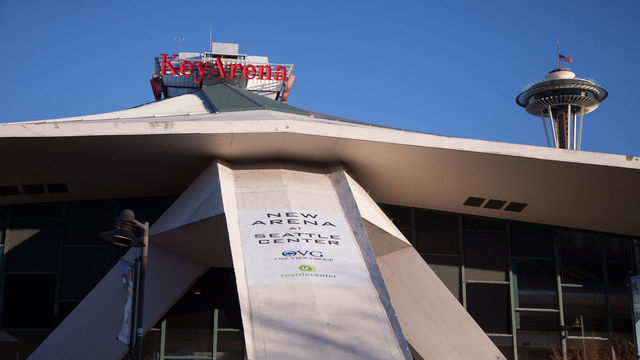 SEATTLE, WA - DECEMBER 05: A new sign hangs on the arena that will be rebuilt for the NHL during the Seattle Center Arena groundbreaking ceremony on December 5, 2018 in Seattle, WA.
