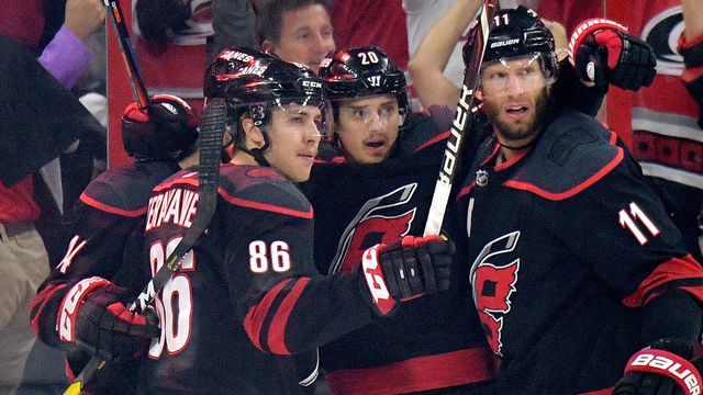 RALEIGH, NORTH CAROLINA - MAY 03: Sebastian Aho #20 of the Carolina Hurricanes celebrates after scoring against the New York Islanders in the first period of Game Four of the Eastern Conference Second Round during the 2019 NHL Stanley Cup Playoffs at PNC Arena on May 03, 2019 in Raleigh, North Carolina.