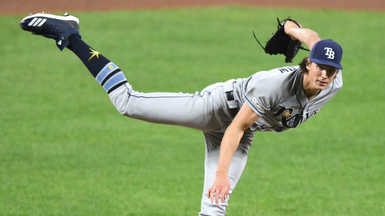 BALTIMORE, MD - MAY 03: Tyler Glasnow #20 of the Tampa Bay Rays pitches in the fourth inning during a baseball game against the Baltimore Orioles at Oriole Park at Camden Yards on May 3, 2019 in Baltimore. Maryland.