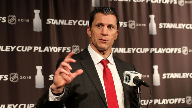 RALEIGH, NC - MAY 03: Head coach Rod Brind'Amour of the Carolina Hurricanes makes remarks to the press following a 5-2 victory over the New York Islanders in Game Four of Eastern Conference Second Round during the 2019 NHL Stanley Cup Playoffs on May 3, 2019 at PNC Arena in Raleigh, North Carolina.