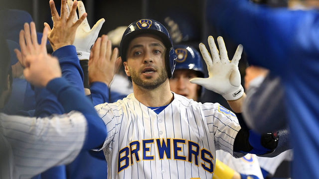 MILWAUKEE, WISCONSIN - MAY 03: Ryan Braun #8 of the Milwaukee Brewers is congratulated by teammates following a two run home run against the New York Mets during the sixth inning at Miller Park on May 03, 2019 in Milwaukee, Wisconsin.
