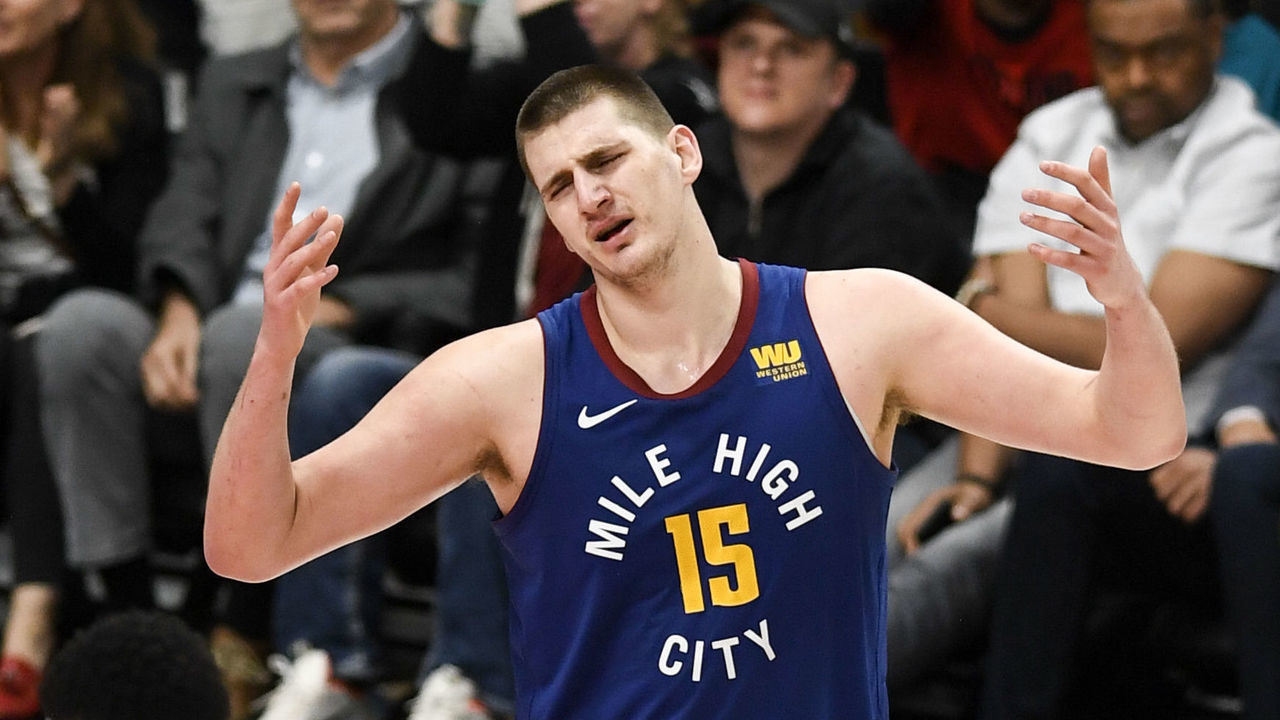 PORTLAND, OR - APRIL 3: Nikola Jokic (15) of the Denver Nuggets reacts to drawing a foul call agains the Portland Trail Blazers during the fourth quarter on Friday, May 3, 2019. The Denver Nuggets and the Portland Trailblazers game three of their second round NBA playoff series at the Moda Center in Portland.