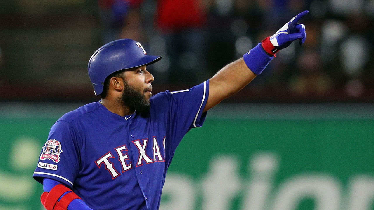 ARLINGTON, TEXAS - MAY 03: Elvis Andrus #1 of the Texas Rangers gestures to the dugout after a double in the tenth inning against the Toronto Blue Jays at Globe Life Park in Arlington on May 03, 2019 in Arlington, Texas.
