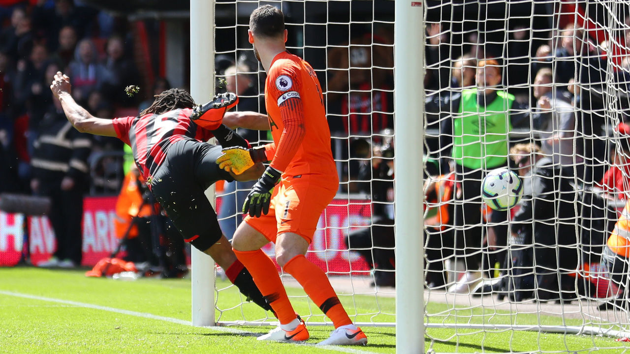 BOURNEMOUTH, ENGLAND - MAY 04: Nathan Ake of AFC Bournemouth scores his team's first goal during the Premier League match between AFC Bournemouth and Tottenham Hotspur at Vitality Stadium on May 04, 2019 in Bournemouth, United Kingdom.