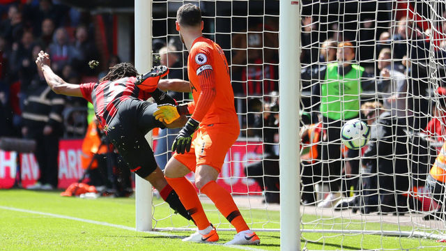 BOURNEMOUTH, ENGLAND - MAY 04: Nathan Ake of AFC Bournemouth scores his team's first goal during the Premier League match between AFC Bournemouth and Tottenham Hotspur at Vitality Stadium on May 04, 2019 in Bournemouth, United Kingdom.