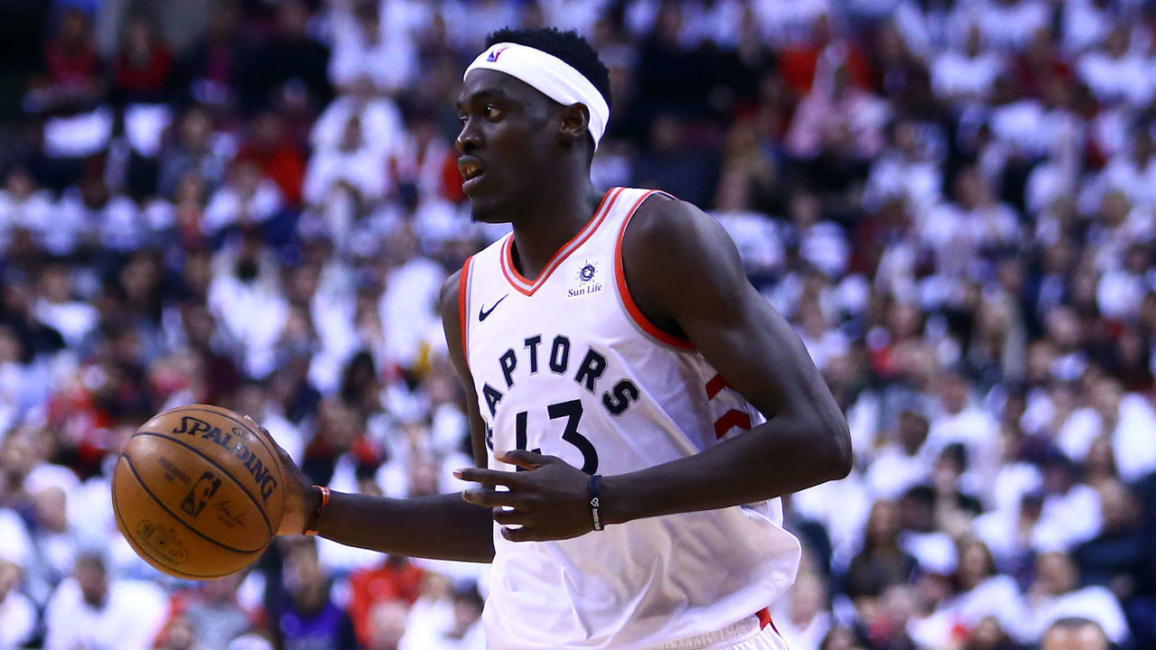 TORONTO, ON - APRIL 27: Pascal Siakam #43 of the Toronto Raptors dribbles the ball during Game One of the second round of the 2019 NBA Playoffs against the Philadelphia 76ers at Scotiabank Arena on April 27, 2019 in Toronto, Canada.