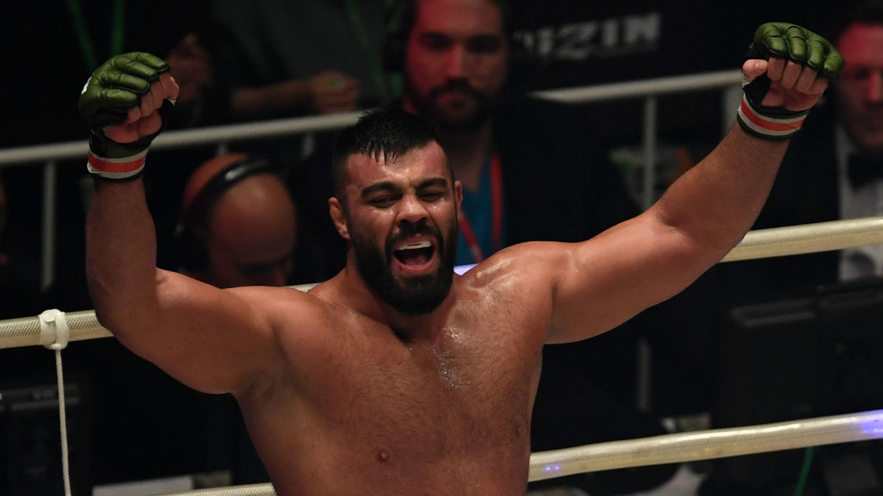 SAITAMA, JAPAN - DECEMBER 31: Amir Aliakbari of Iran celebrates his decision victory in the Semi-Final bout against Valentin Moldavsky of Russia during the RIZIN Fighting World GP 2016 final round at Saitama Super Arena on December 31, 2016 in Saitama, Japan.