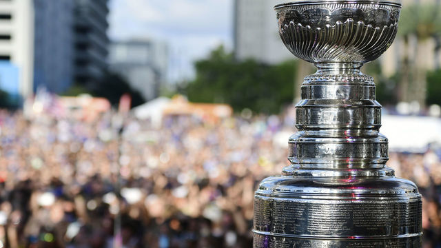 TAMPA, FLORIDA - APRIL 10: The Stanley Cup Trophy sits on stage while Cage The Elephant plays at Curtis Hixon Park on April 10, 2019 in Tampa, Florida.