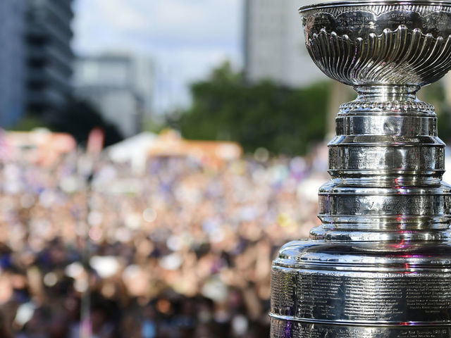TAMPA, FLORIDA - APRIL 10: The Stanley Cup Trophy sits on stage while Cage The Elephant plays at Curtis Hixon Park on April 10, 2019 in Tampa, Florida.