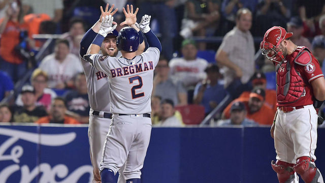 MONTERREY, MEXICO - MAY 04: Alex Bregman, #2 of the Houston Astros, celebrates with teammates after hitting a home run and producing three runs on the eight inning of the Houston Astros vs Los Angeles Angels of Anaheim match at Estadio de Beisbol Monterrey on May 04, 2019 in Monterrey, Nuevo Leon.