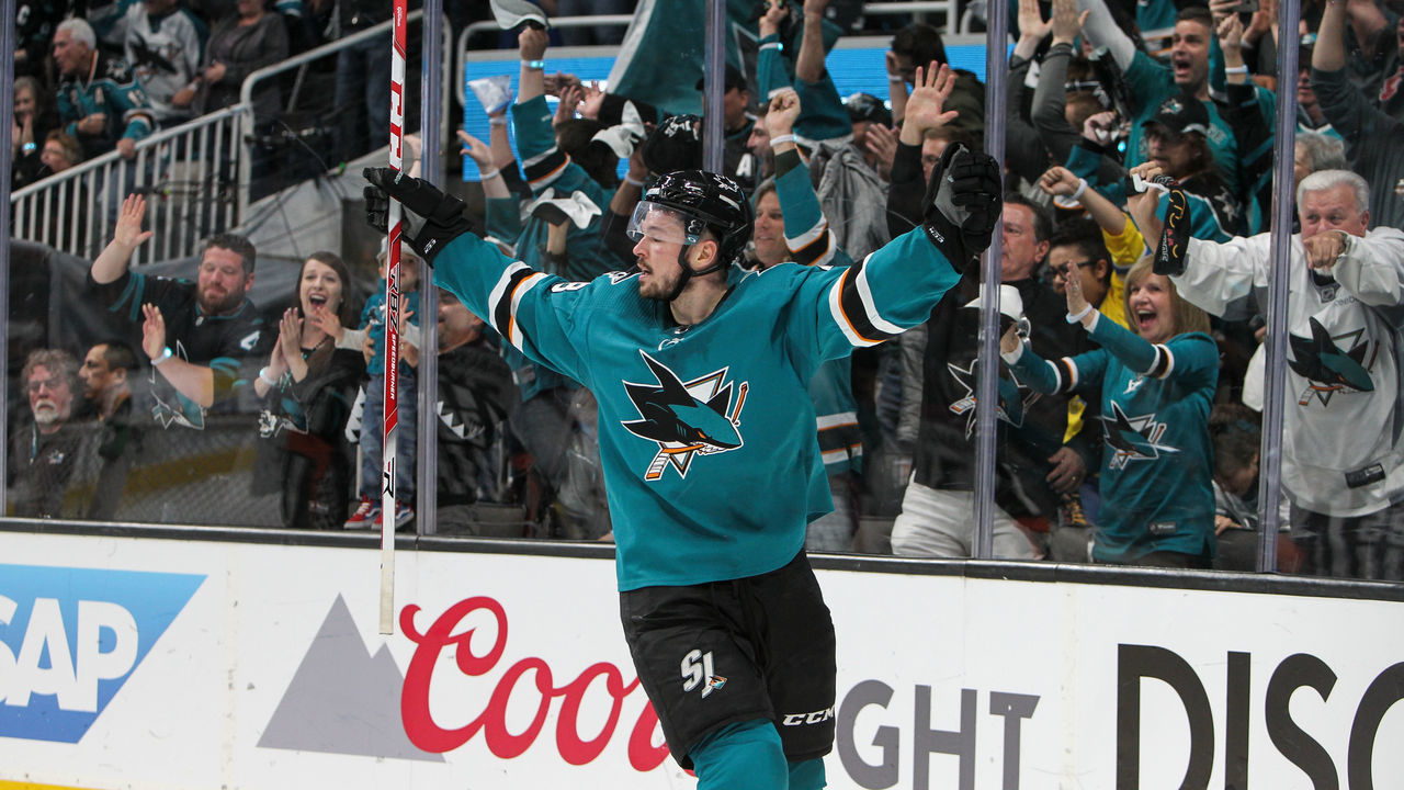 SAN JOSE, CA - MAY 04: Tomas Hertl #48 of the San Jose Sharks celebrates scoring a goal against the Colorado Avalanche in Game Five of the Western Conference Second Round during the 2019 NHL Stanley Cup Playoffs at SAP Center on May 4, 2019 in San Jose, California