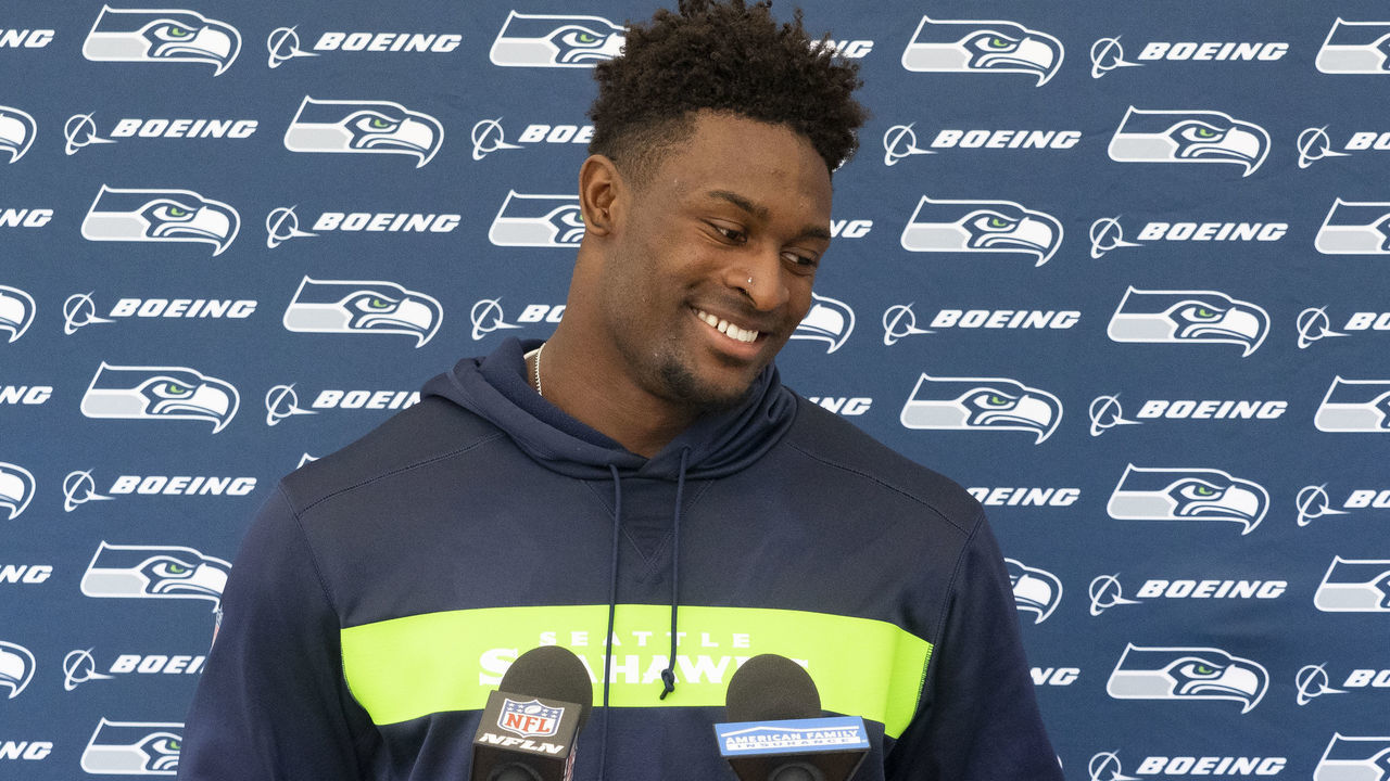 RENTON, WA - MAY 04: Seattle Seahawks wide receiver DK Metcalf (14) talks to the press after the Seahawks Rookie Mini-Camp on May 04, 2019, at Virginia Mason Athletic Center in Renton, WA.