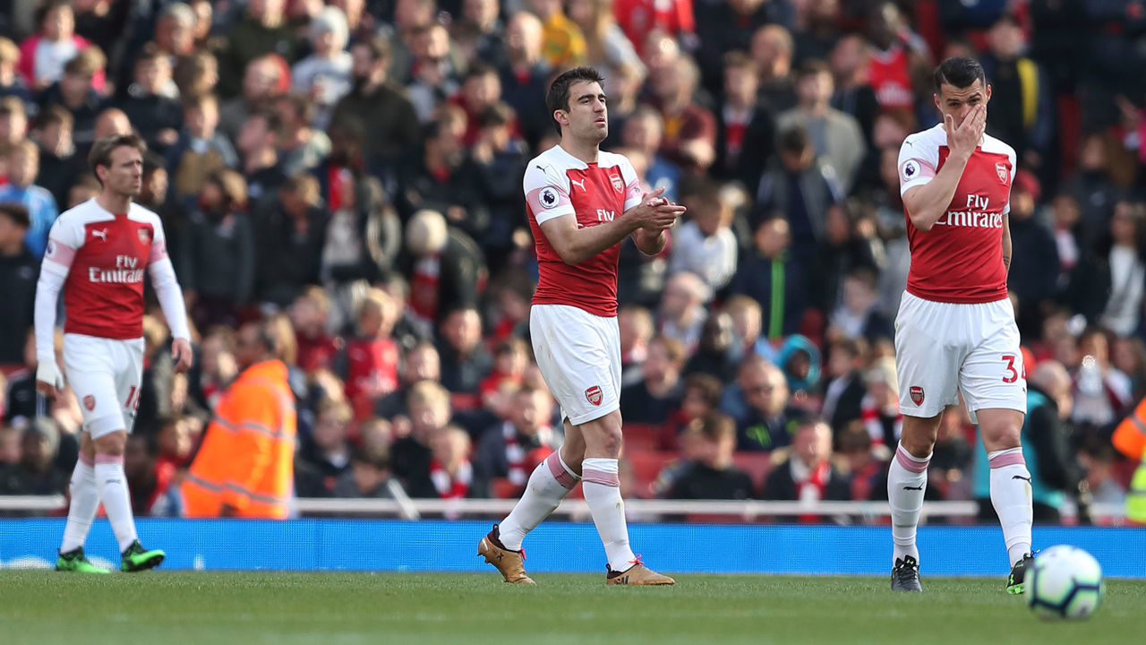 LONDON, ENGLAND - MAY 05: Granit Xhaka of Arsenal dejected after Glenn Murray of Brighton & Hove Albion scored a goal to make it 1-1 during the Premier League match between Arsenal FC and Brighton & Hove Albion at Emirates Stadium on May 5, 2019 in London, United Kingdom.