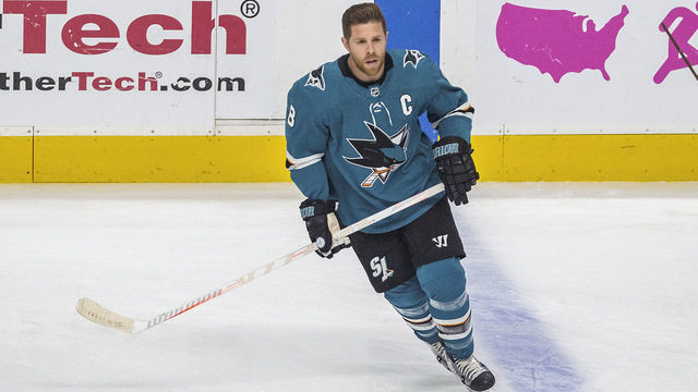 SAN JOSE, CA - APRIL 23: San Jose Sharks center Joe Pavelski (8) warms up before Game 7, Round 1 between the Vegas Golden Knights and the San Jose Sharks on Tuesday, April 23, 2019 at the SAP Center in San Jose, California.