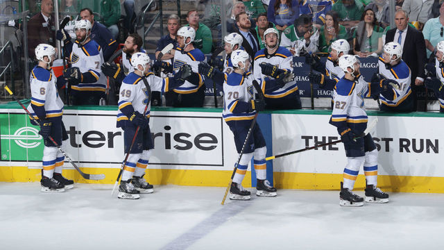 DALLAS, TX - MAY 5: Alex Pietrangelo #27 and the St. Louis Blues celebrate a goal against the Dallas Stars in Game Six of the Western Conference Second Round during the 2019 NHL Stanley Cup Playoffs at the American Airlines Center on May 5, 2019 in Dallas, Texas.