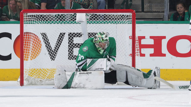 DALLAS, TX - MAY 5: Ben Bishop #30 of the Dallas Stars crumples to the ice after taking a hard shot against the St. Louis Blues in Game Six of the Western Conference Second Round during the 2019 NHL Stanley Cup Playoffs at the American Airlines Center on May 5, 2019 in Dallas, Texas.