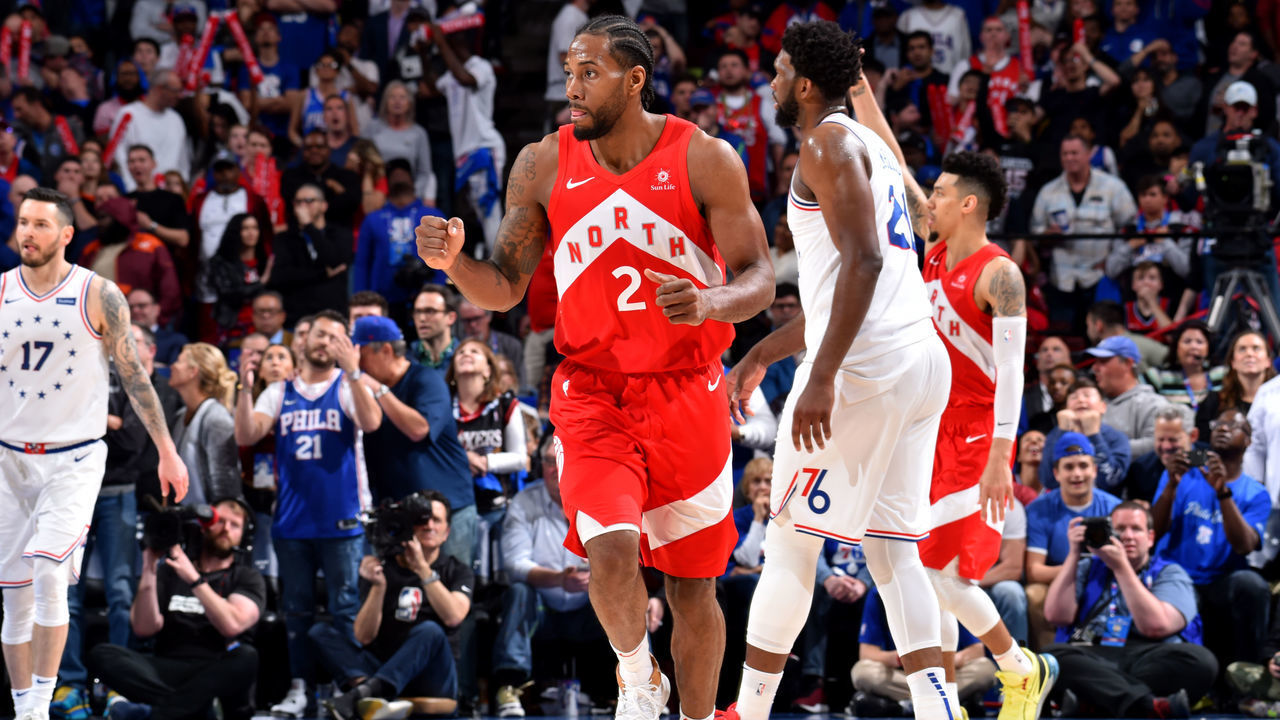 PHILADELPHIA, PA - MAY 5: Kawhi Leonard #2 of the Toronto Raptors reacts during a game against the Philadelphia 76ers during Game Four of the Eastern Conference Semifinals on May 5, 2019 at the Wells Fargo Center in Philadelphia, Pennsylvania NOTE TO USER: User expressly acknowledges and agrees that, by downloading and/or using this Photograph, user is consenting to the terms and conditions of the Getty Images License Agreement. Mandatory Copyright Notice: Copyright 2019 NBAE