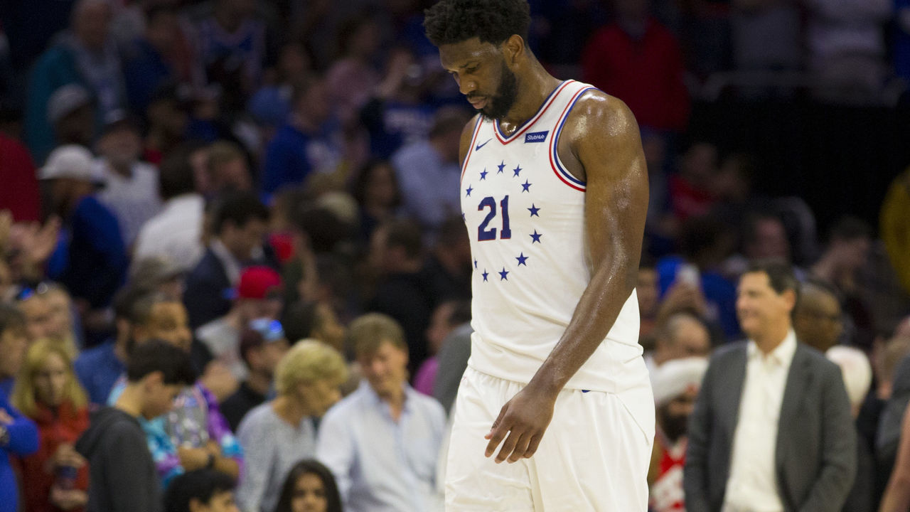 PHILADELPHIA, PA - MAY 05: Joel Embiid #21 of the Philadelphia 76ers walks to the bench during a timeout against the Toronto Raptors in the fourth quarter of Game Four of the Eastern Conference Semifinals at the Wells Fargo Center on May 5, 2019 in Philadelphia, Pennsylvania. The Raptors defeated the 76ers 101-96.