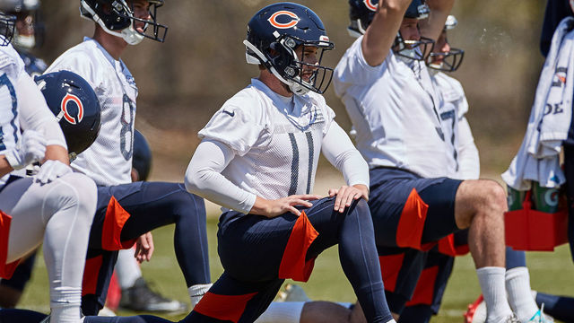 LAKE FOREST, IL - MAY 04: Chicago Bears kicker John Baron II (11) partakes in warm ups during the Chicago Bears Rookie Minicamp on May 4, 2019 at Halas Hall, in Lake Forest, IL.