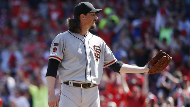 CINCINNATI, OH - MAY 05: Jeff Samardzija #29 of the San Francisco Giants reacts after giving up a third straight home run to the Cincinnati Reds in the first inning at Great American Ball Park on May 5, 2019 in Cincinnati, Ohio.