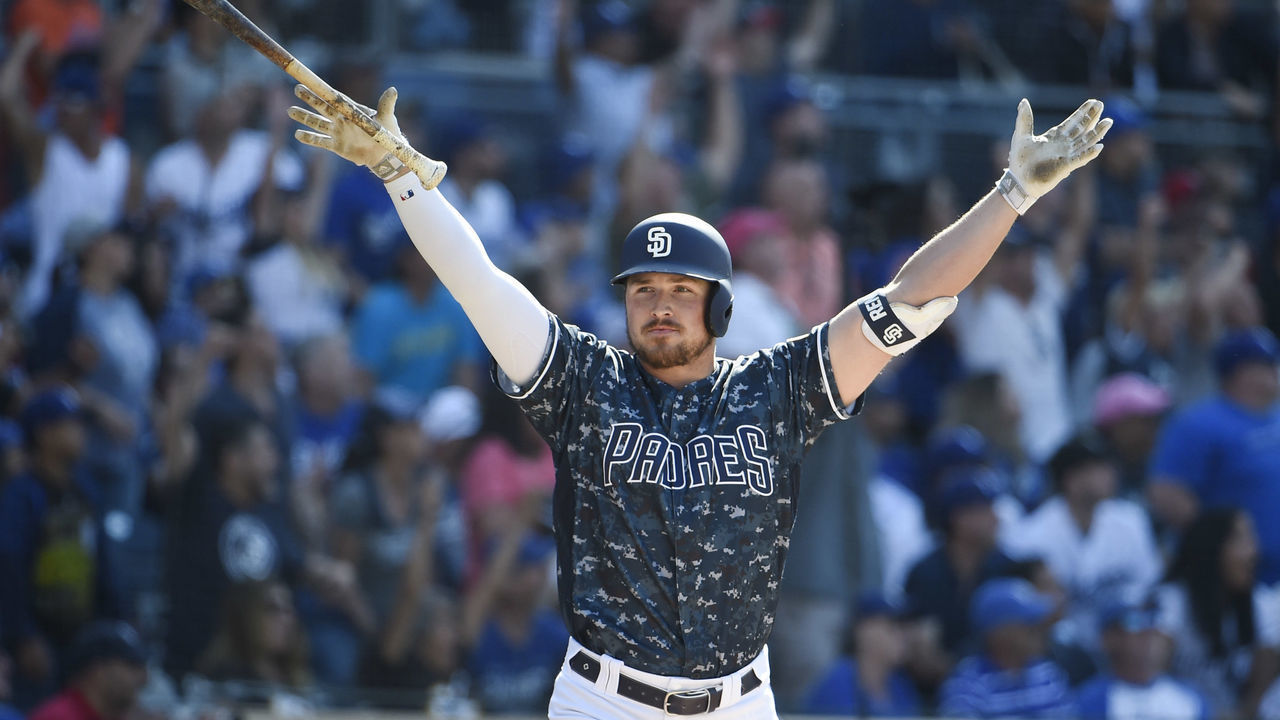 SAN DIEGO, CA - MAY 5: Hunter Renfroe #10 of the San Diego Padres celebrates after hitting a grand slam walk off home run during the ninth inning of a baseball game against the Los Angeles Dodgers at Petco Park May 5, 2019 in San Diego, California. The Padres won 8-5.