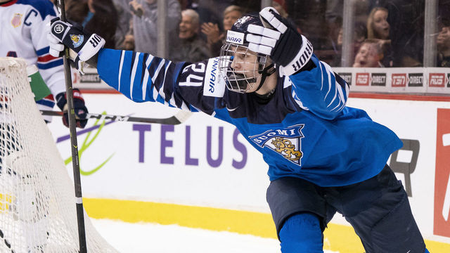 VANCOUVER, BC - JANUARY 5: Kaapo Kakko #24 of Finland after scoring what proved to be the game winning goal in Gold Medal hockey action of the 2019 IIHF World Junior Championship against the United States on January, 5, 2019 at Rogers Arena in Vancouver, British Columbia, Canada.