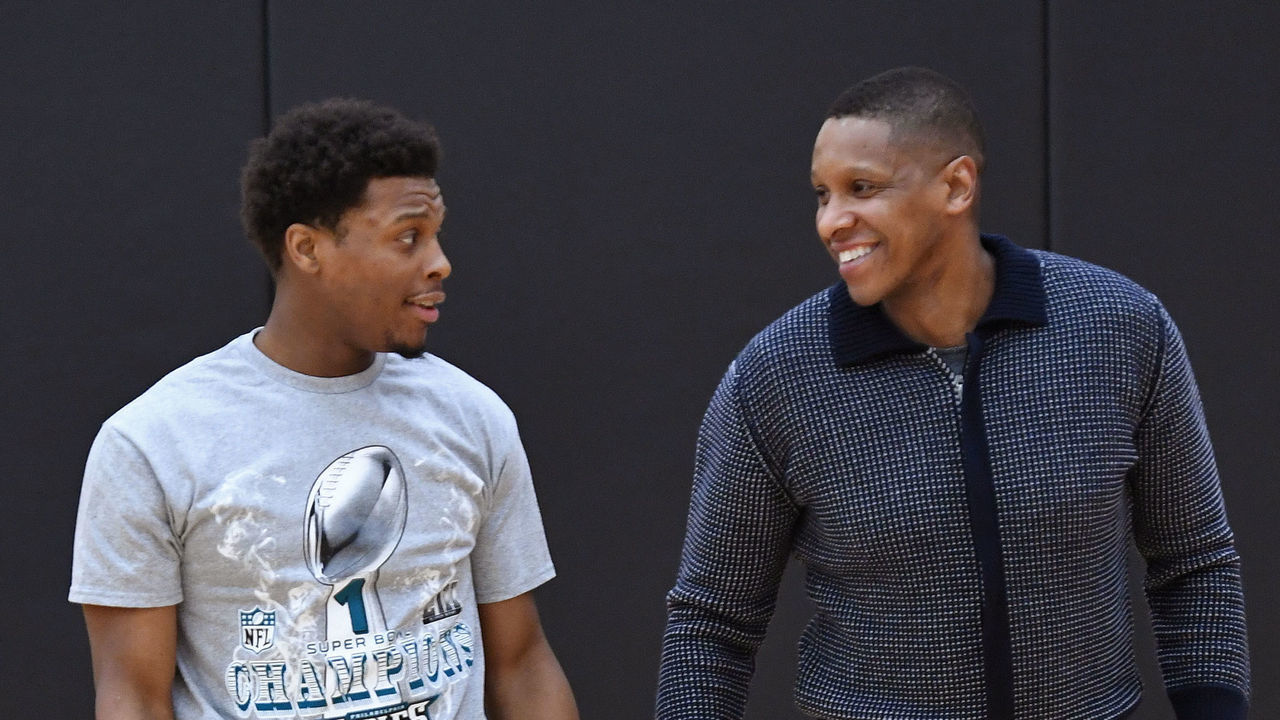 TORONTO, CANADA - FEBRUARY 05: Kyle Lowry #7 and Masai Ujiri of the Toronto Raptors greet each other during an open practice at BioSteel Centre Toronto Ontario, Canada on February 5, 2018. Mandatory Copyright Notice: Copyright 2018 NBAE
