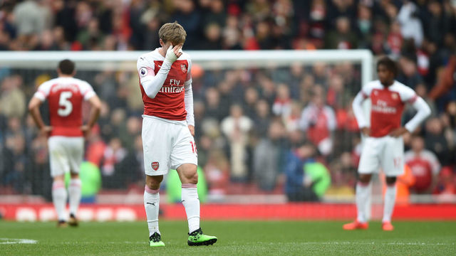 Arsenal's Nacho Monreal shows dejection at full time Arsenal v Brighton and Hove Albion - Premier League - Emirates Stadium 05-05-2019 .