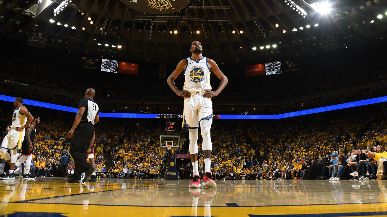 OAKLAND, CA - APRIL 28: Kevin Durant #35 of the Golden State Warriors looks on against the Houston Rockets during Game One of the Western Conference Semifinals of the 2019 NBA Playoffs on April 28, 2019 at ORACLE Arena in Oakland, California. Mandatory Copyright Notice: Copyright 2019 NBAE