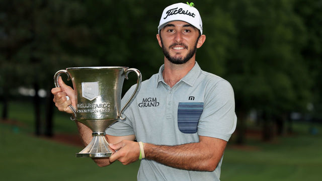 CHARLOTTE, NORTH CAROLINA - MAY 05: Max Homa poses with the trophy after winning the 2019 Wells Fargo Championship at Quail Hollow Club on May 05, 2019 in Charlotte, North Carolina.