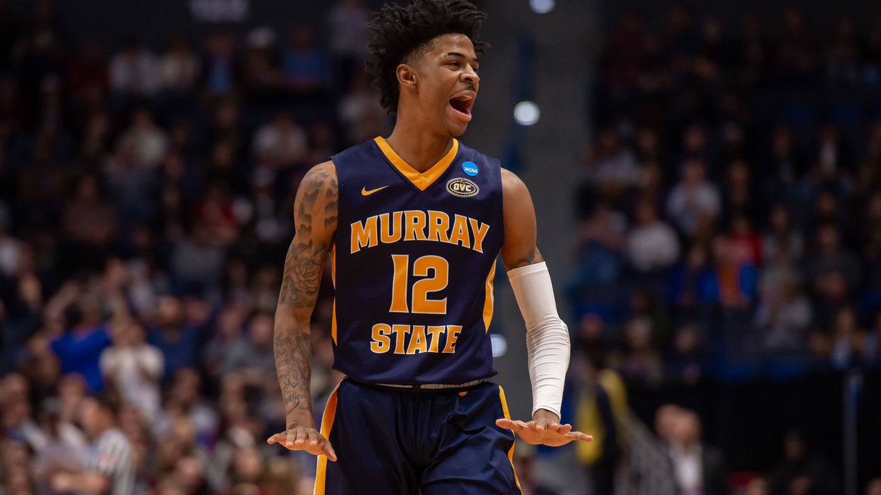 HARTFORD, CT - MARCH 23: Murray State Racers guard Ja Morant (12) reacts during the first half of the NCAA Division I Men's Championship second round college basketball game between the Florida State Seminoles and the Murray State Racers on March 23, 2019 at XL Center in Hartford, CT.
