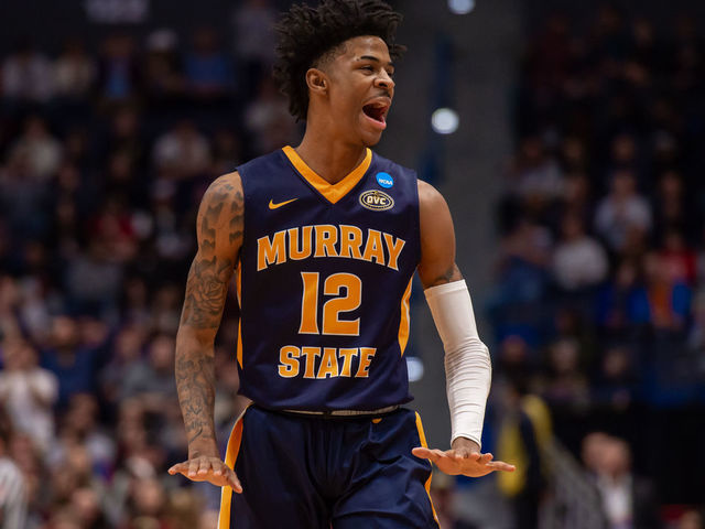 HARTFORD, CT - MARCH 23: Murray State Racers guard Ja Morant (12) reacts during the first half of the NCAA Division I Men's Championship second round college basketball game between the Florida State Seminoles and the Murray State Racers on March 23, 2019 at XL Center in Hartford, CT.